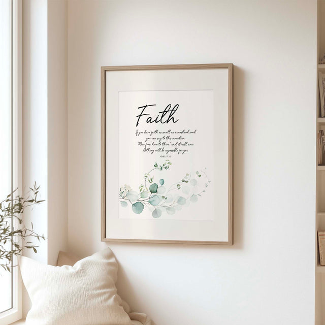 Christian wall art print featuring Matthew 17:20 with a minimal green botanical leaf design, inspired by faith as small as a mustard seed.