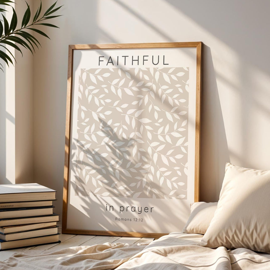Romans 12:12 – Bible verse wall art featuring botanical foliage and scripture encouraging steadfast prayer and faith.