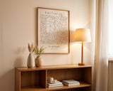 Romans 12:12 – Faithful in prayer Christian wall art with botanical leaves and neutral beige scripture design.