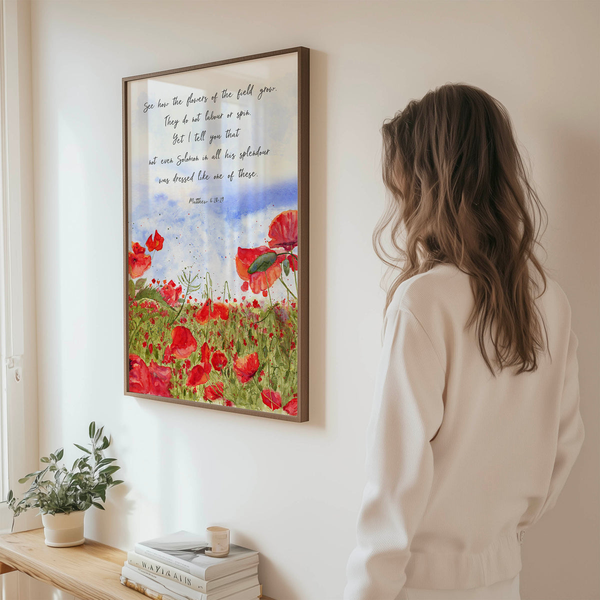 Matthew 6:28–29 – Christian wall art with watercolour poppy meadow and Bible verse about God’s provision and care.