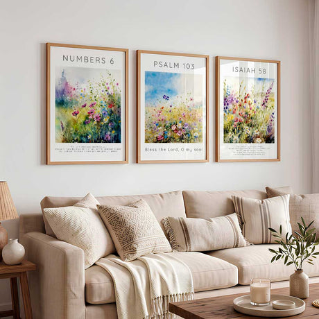 Flower Garden Christian Home Print Set, Modern Art Christian Shops, Wildflower meadow Bible verse art trio triptych