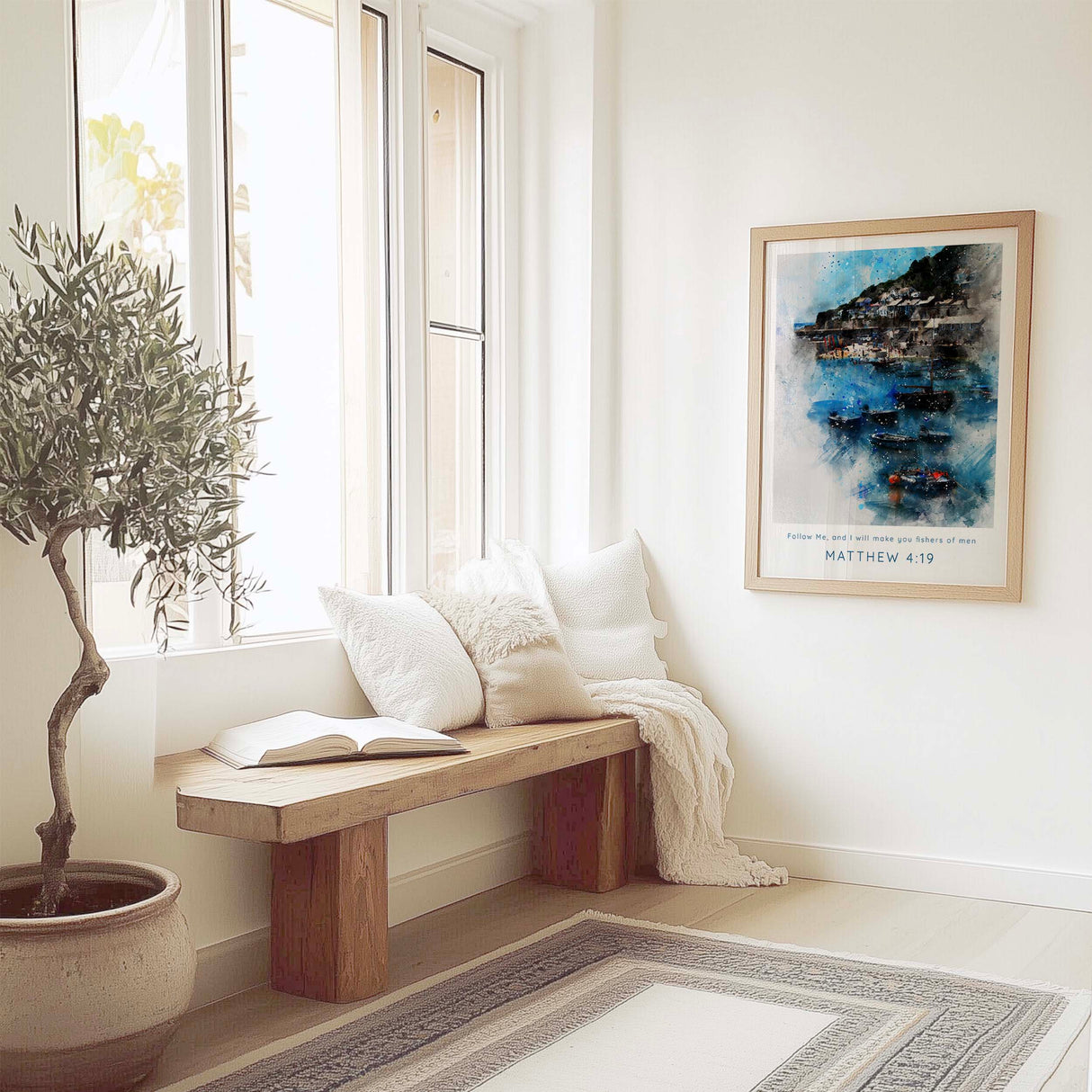 Matthew 4:19 - Christian wall art featuring serene coastal harbour scene with Scripture verse.