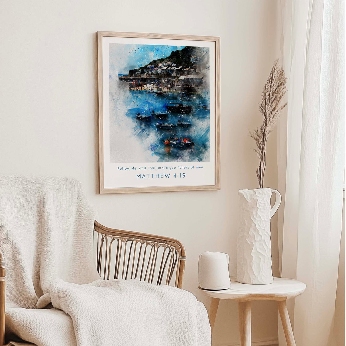 Matthew 4:19 - Faith-inspired nautical print with boats and sea in soft watercolour tones.