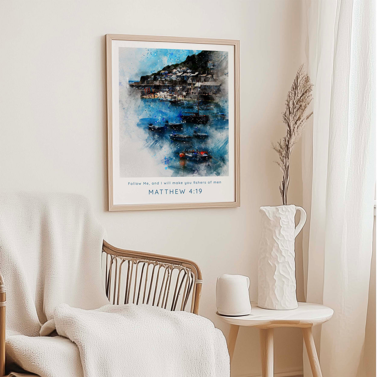 Matthew 4:19 - Faith-inspired nautical print with boats and sea in soft watercolour tones.
