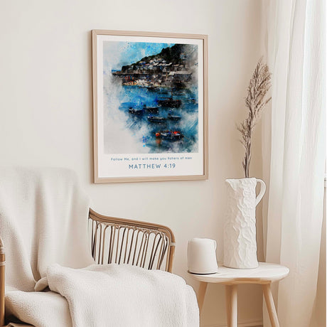 Matthew 4:19 - Faith-inspired nautical print with boats and sea in soft watercolour tones.