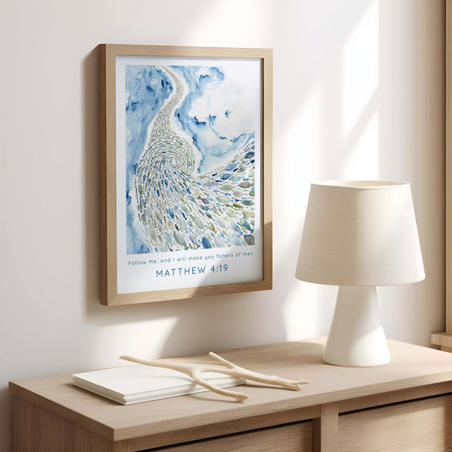 Matthew 4:19 – Fishers of men Christian wall art print with watercolour fish design.