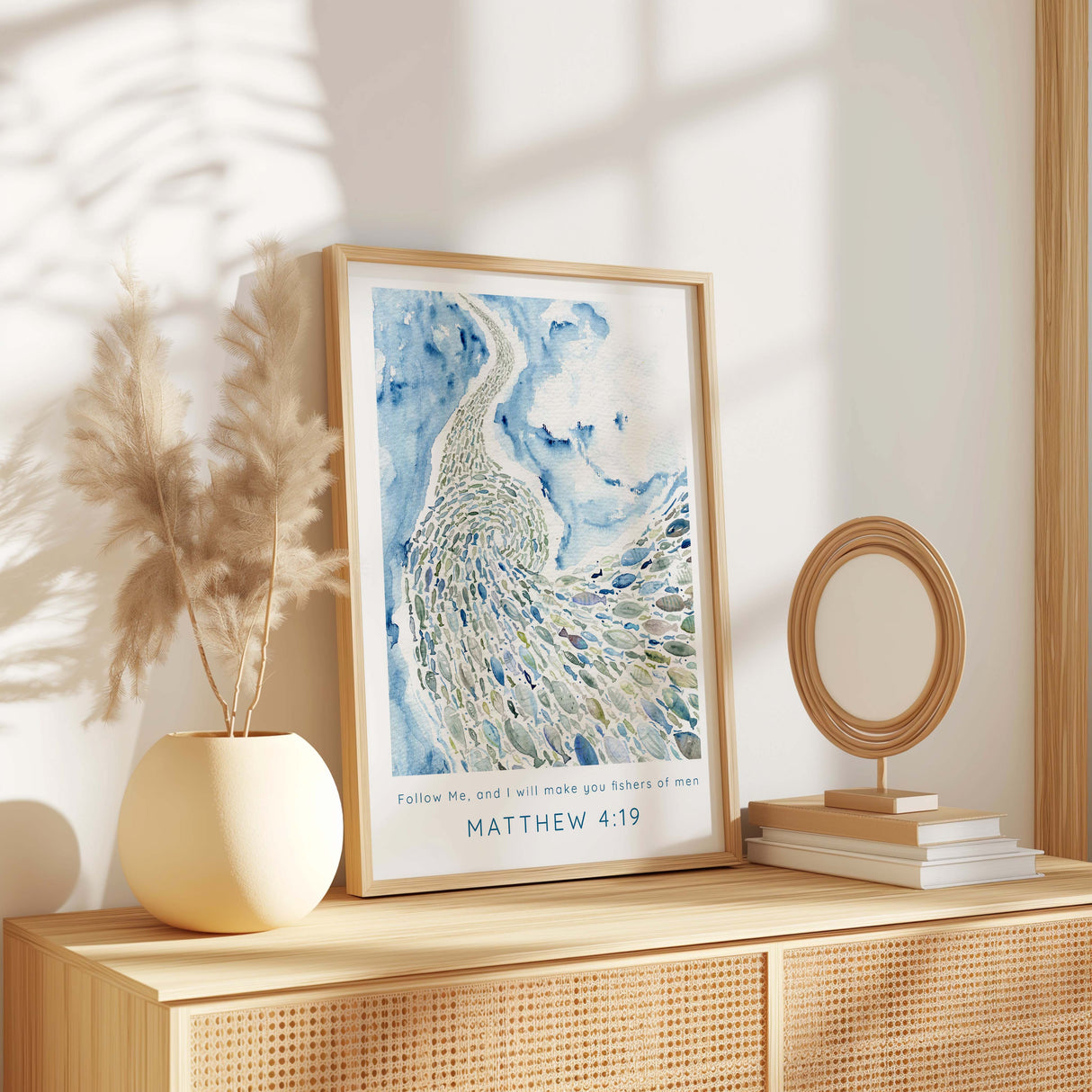 Matthew 4:19 – Bible verse wall art featuring shoal of fish and scripture.