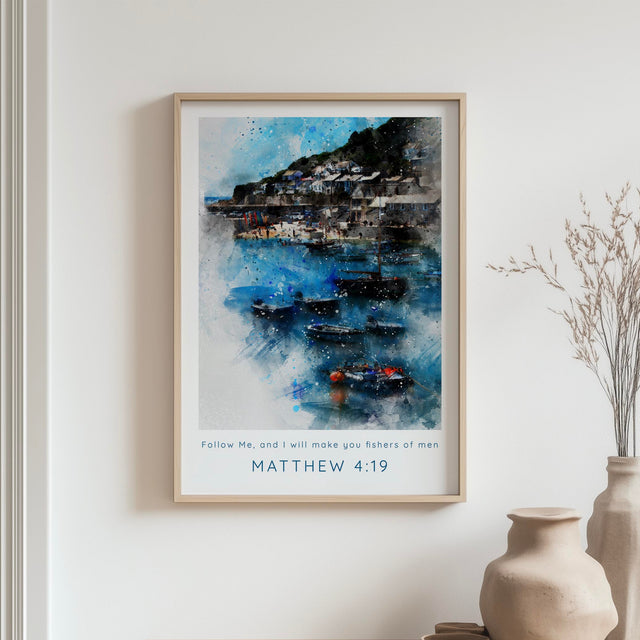 Matthew 4:19 - Watercolour harbour print with Bible verse Follow Me And I Will Make You Fishers Of Men.