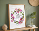 John 3:16 - Scripture wall art with delicate floral wreath and God so loved the world verse in elegant font.
