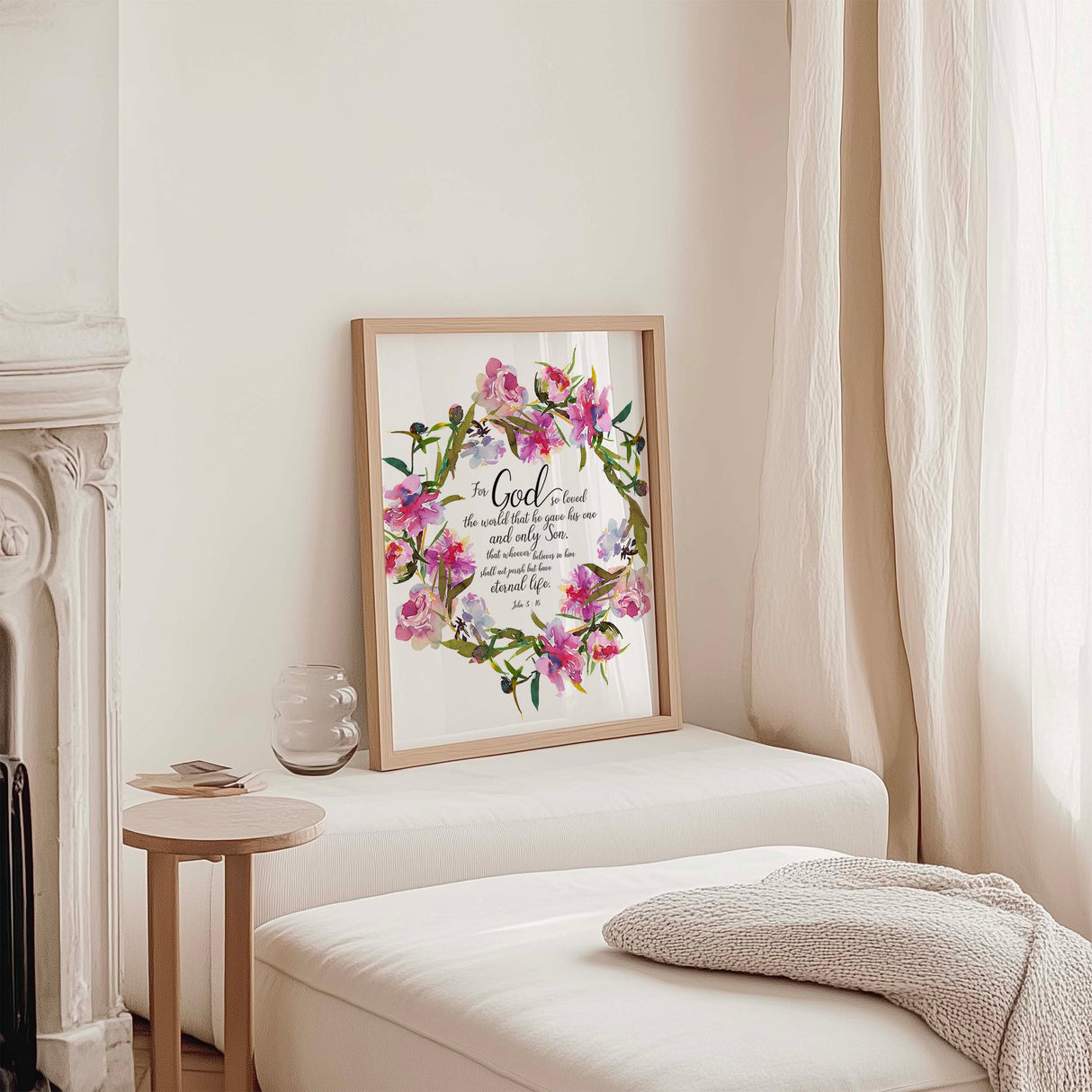 John 3:16 - Christian wall art print with pink floral wreath and For God So Loved The World scripture text.