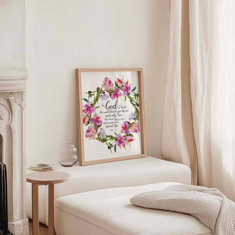 John 3:16 - Christian wall art print with pink floral wreath and For God So Loved The World scripture text.