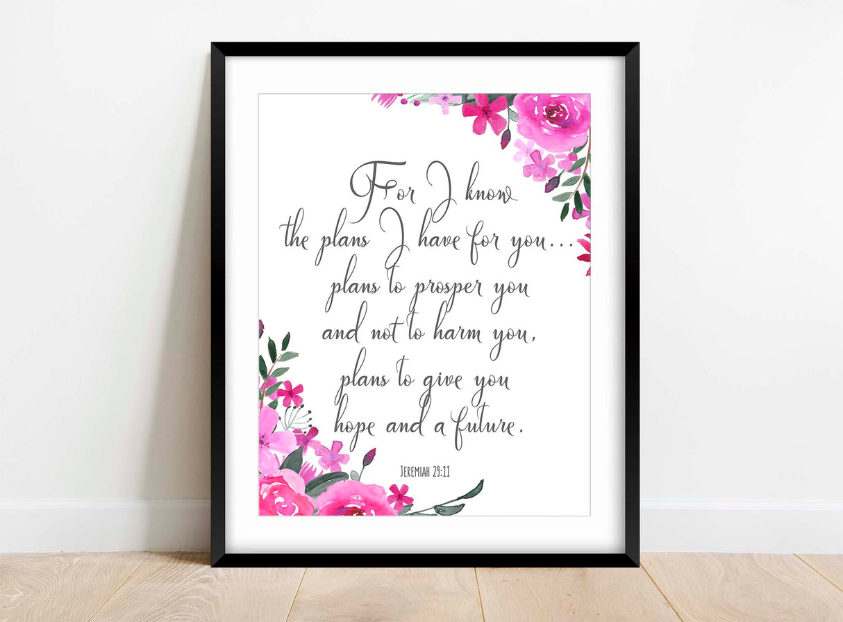 Intricate floral details complementing scripture, Harmonious blend of nature and divine promise, For I Know the Plans I Have For You