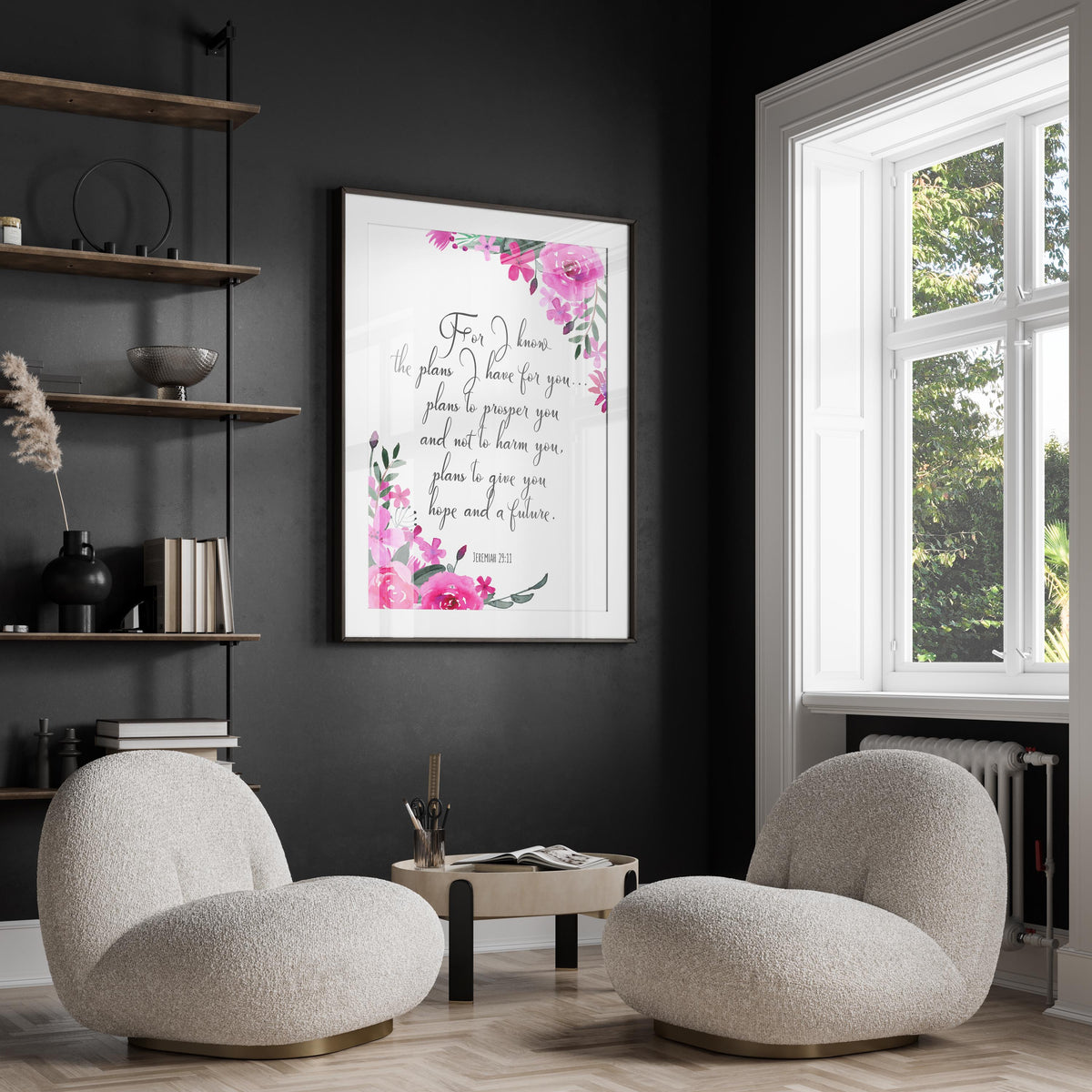 Botanical elegance meets spiritual inspiration, floral scripture bible verse from Jeremiah 29:11, For I Know the Plans I