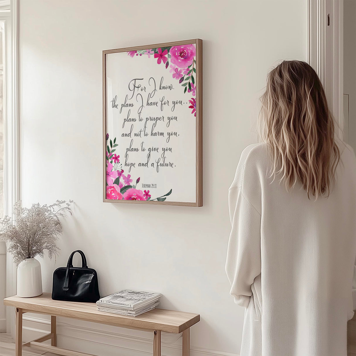Jeremiah 29:11 - Bible verse wall art featuring For I know the plans I have for you with soft pink floral Christian decor.