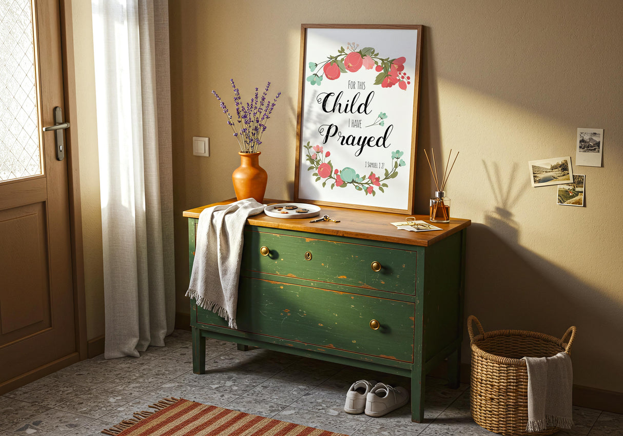 1 Samuel 1:27 – Christian scripture wall art with coral and turquoise flowers and verse about gratitude for a child.