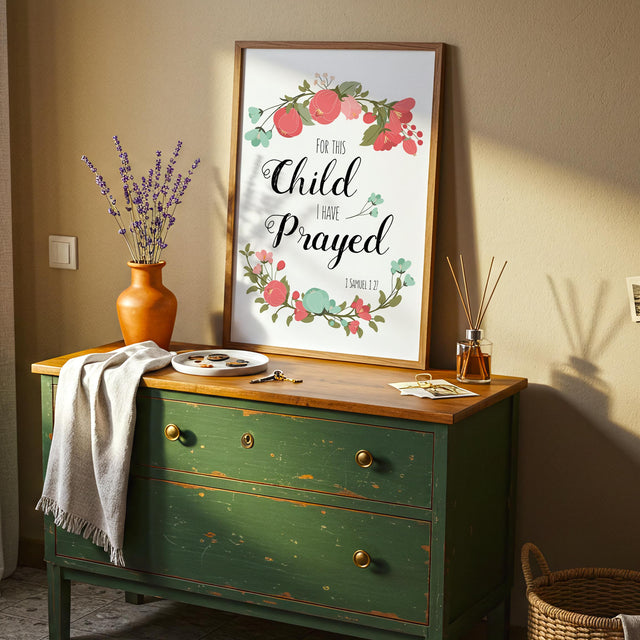 1 Samuel 1:27 – Christian scripture wall art with coral and turquoise flowers and verse about gratitude for a child.