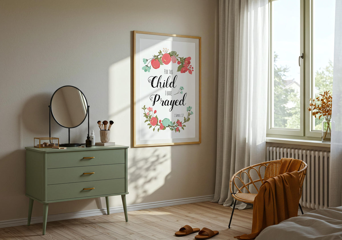 1 Samuel 1:27 – Bible verse wall art featuring colourful floral illustration and scripture celebrating answered prayer.