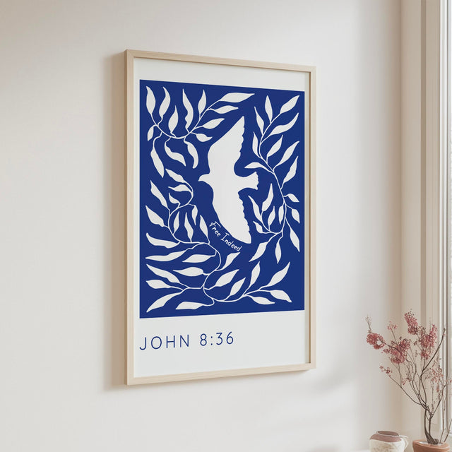 John 8:36 - Inspirational Christian wall art showing bird silhouette with scripture about spiritual freedom and faith.