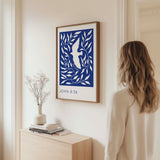 John 8:36 - Christian wall art print featuring white bird silhouette on dark blue background with Free Indeed Bible verse.