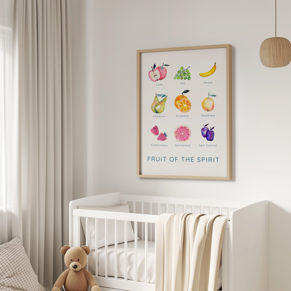 Galatians 5:22-23 - Fruit of the Spirit Christian Bible verse wall art with vibrant fruit illustrations and uplifting faith message.