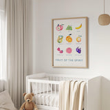 Galatians 5:22-23 - Fruit of the Spirit Christian Bible verse wall art with vibrant fruit illustrations and uplifting faith message.