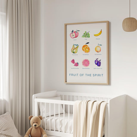 Galatians 5:22-23 - Fruit of the Spirit Christian Bible verse wall art with vibrant fruit illustrations and uplifting faith message.