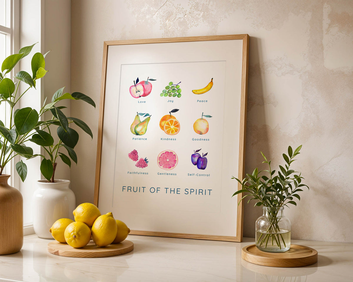 Galatians 5:22-23 - Inspirational Christian wall art with watercolour fruit artwork representing love joy peace patience kindness goodness faithfulness gentleness self control.