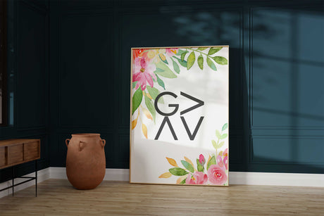God is Greater than the Highs And Lows artwork, Faithful reminder surrounded by beautiful florals, God's strength wall decor