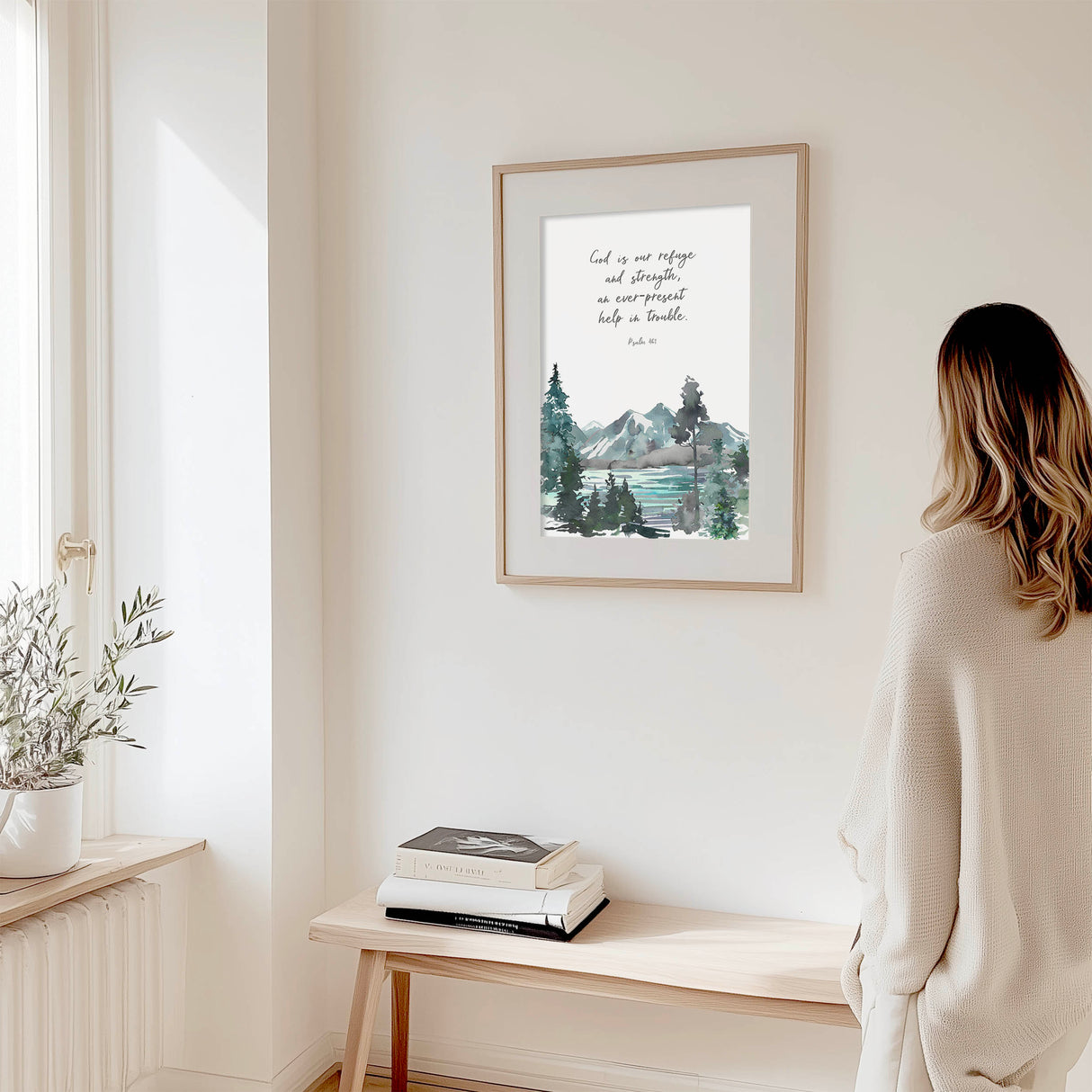 Psalm 46:1 - God is our refuge and strength Bible verse print with calming mountain watercolour, Christian home wall decor.