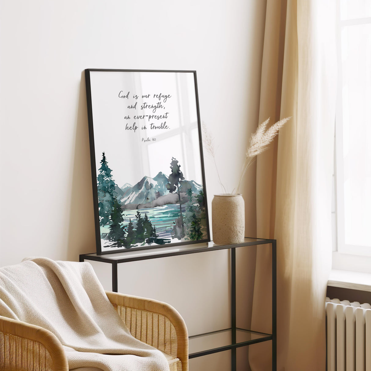 Psalm 46:1 - Christian Bible verse print featuring God is our refuge and strength text with peaceful mountain watercolour wall art.