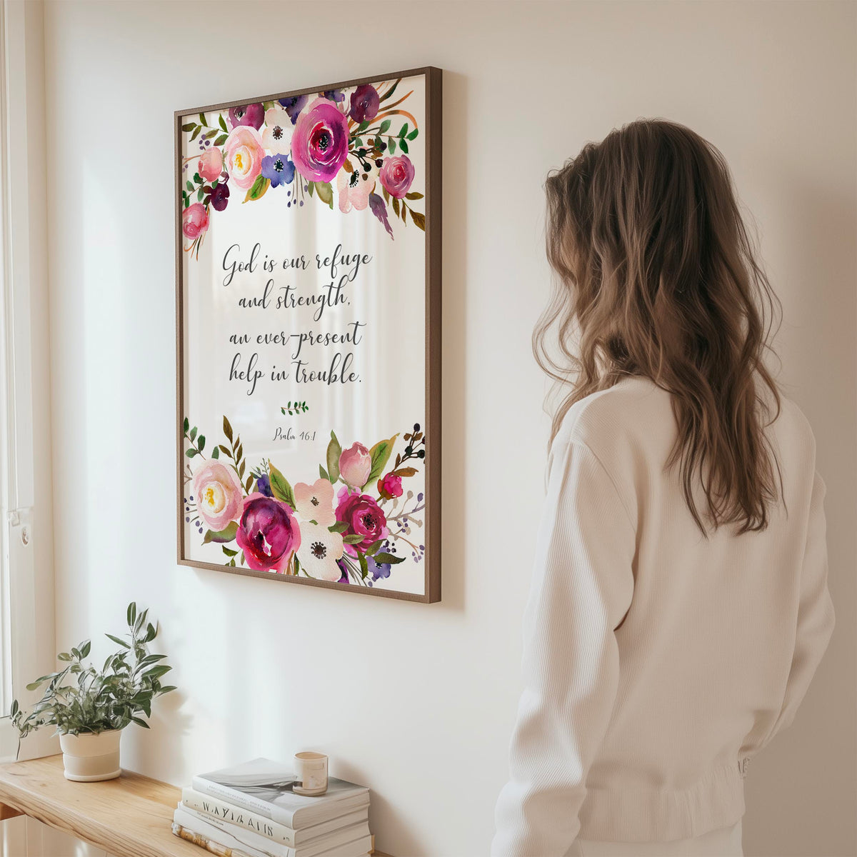 Christian wall art print featuring pink and burgundy watercolour flowers with the Bible verse “God is our refuge and strength” from Psalm 46:1.