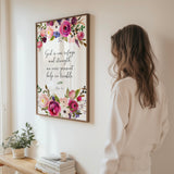 Christian wall art print featuring pink and burgundy watercolour flowers with the Bible verse “God is our refuge and strength” from Psalm 46:1.