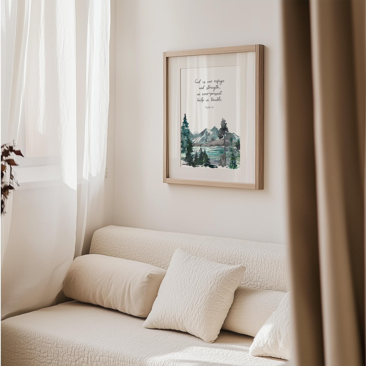 Psalm 46:1 - God is our refuge and strength Christian scripture wall art with watercolour mountain illustration, Bible verse decor.