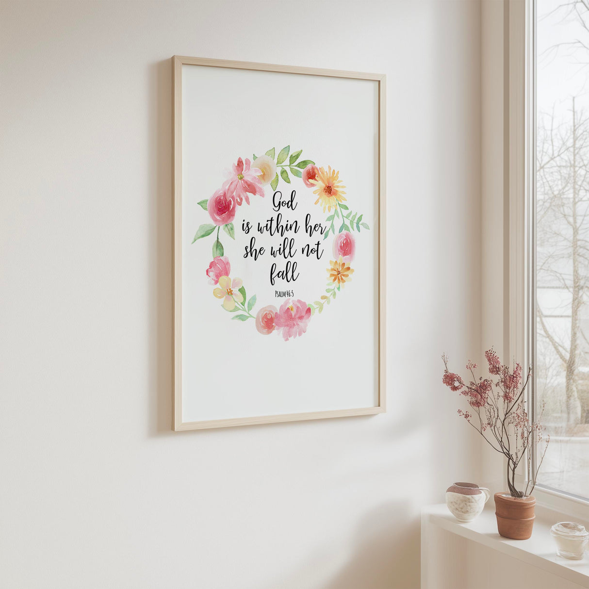 Psalm 46:5 – Bible verse wall art featuring delicate flowers and scripture about strength and steadfast faith.