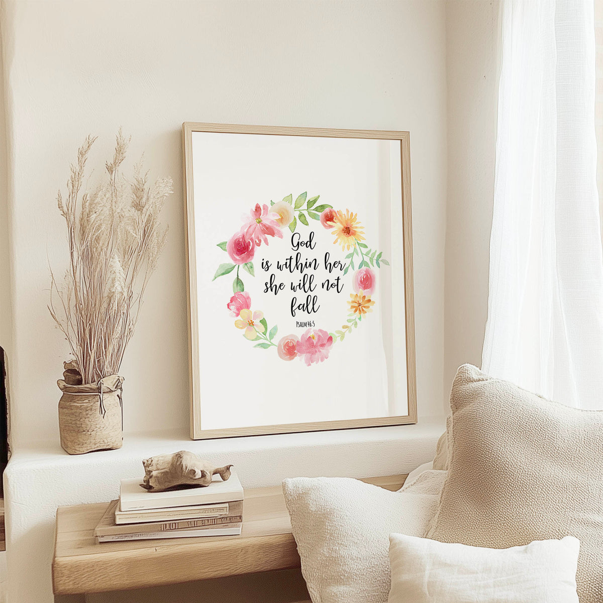 Psalm 46:5 – Christian scripture wall art with floral botanical illustration and verse encouraging confidence and trust.