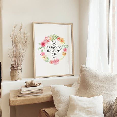 Psalm 46:5 – Christian scripture wall art with floral botanical illustration and verse encouraging confidence and trust.