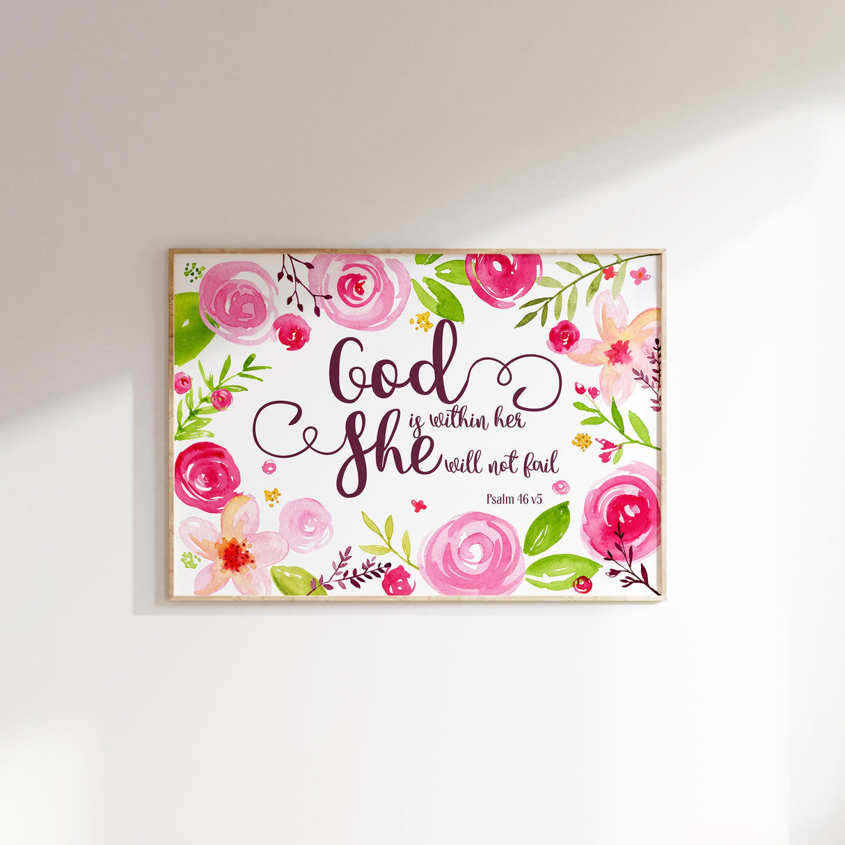Psalm 46:5 – Christian floral wall art print with scripture reminding women of God’s strength and presence.