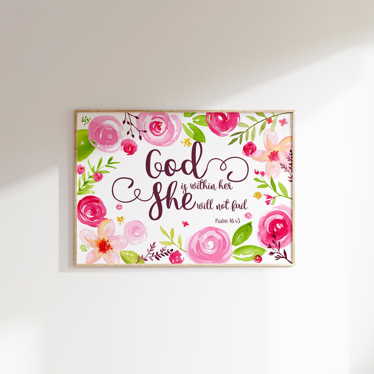 Psalm 46:5 – Christian floral wall art print with scripture reminding women of God’s strength and presence.