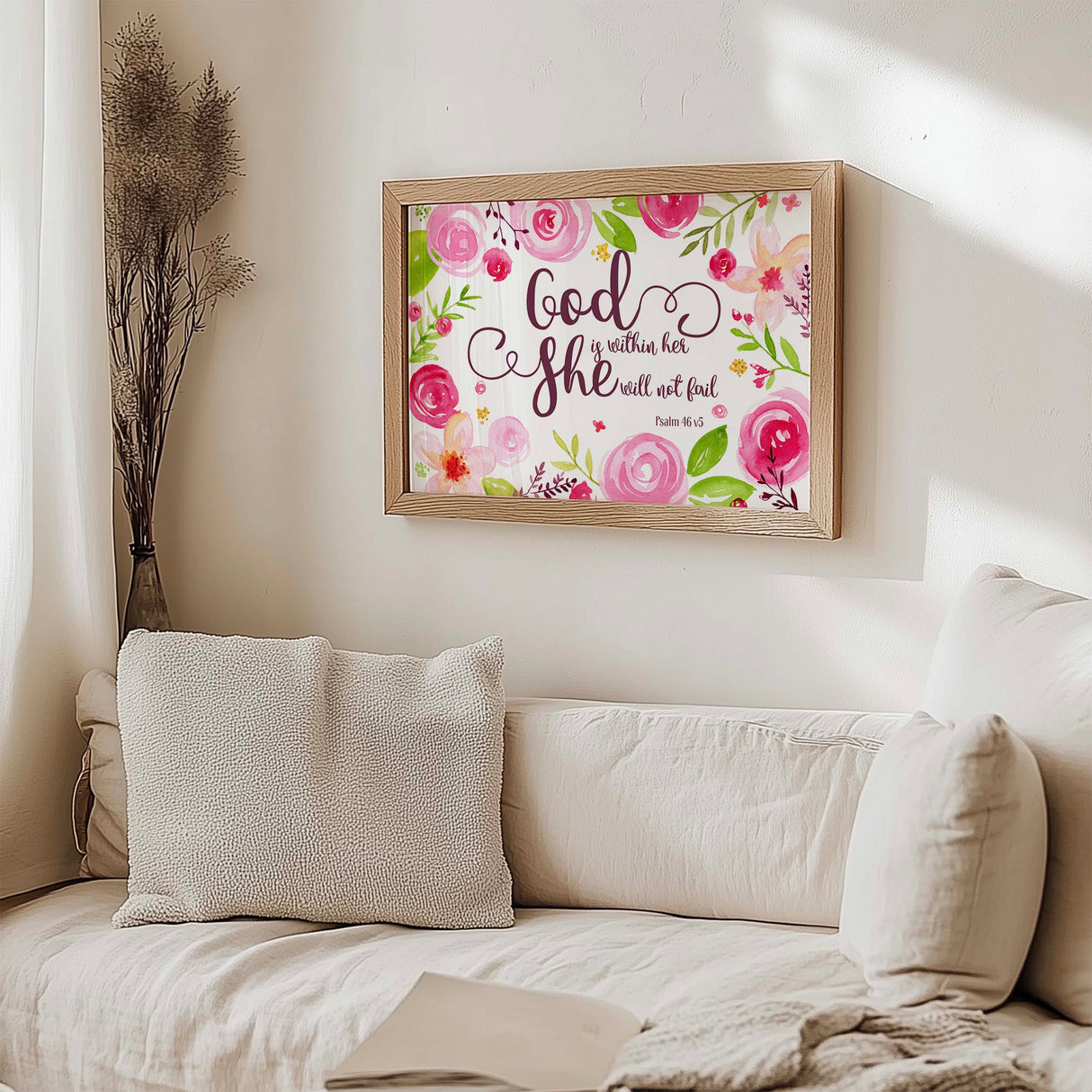 Psalm 46:5 – God is within her she will not fail Christian wall art print with vibrant floral design.
