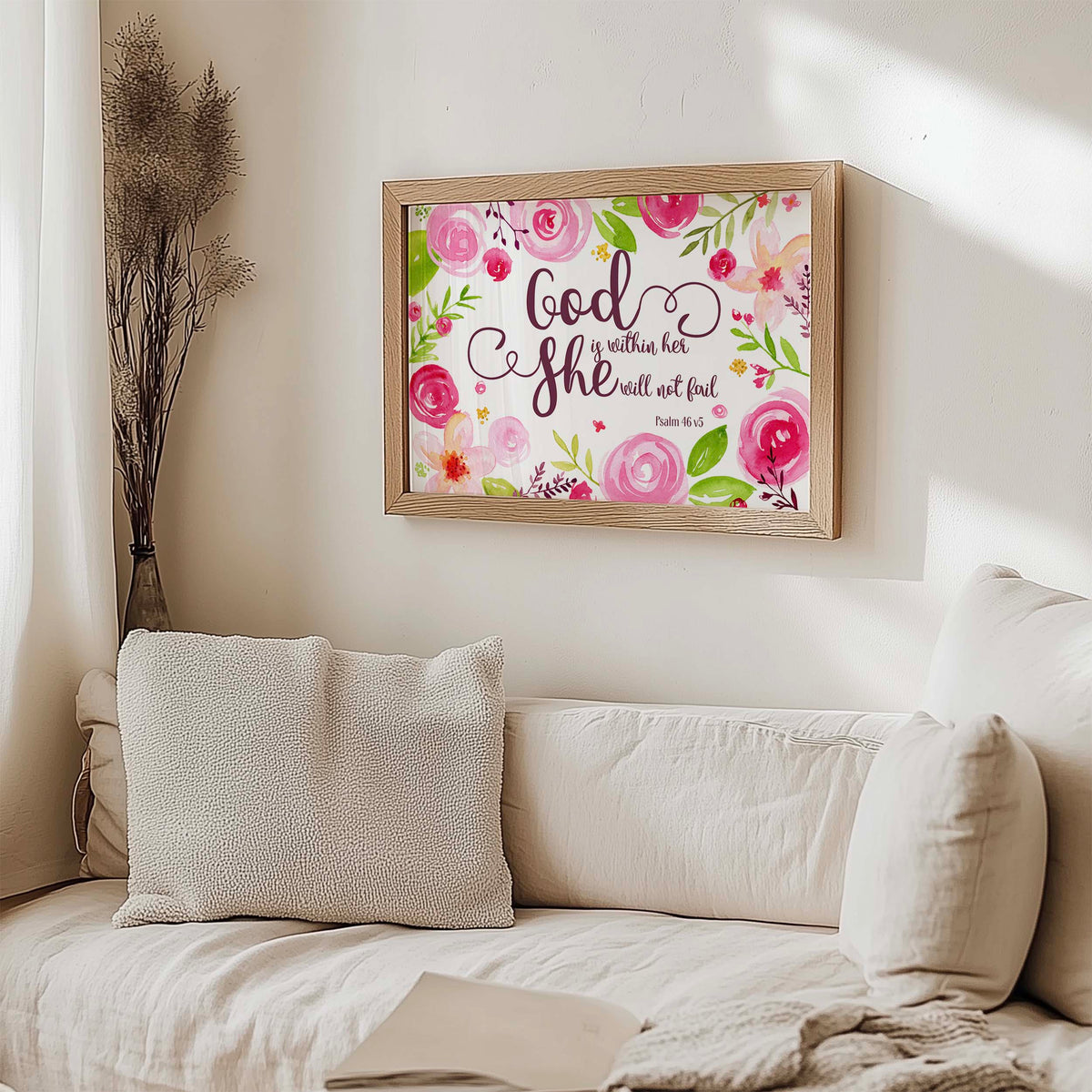 Psalm 46:5 – God is within her she will not fail Christian wall art print with vibrant floral design.