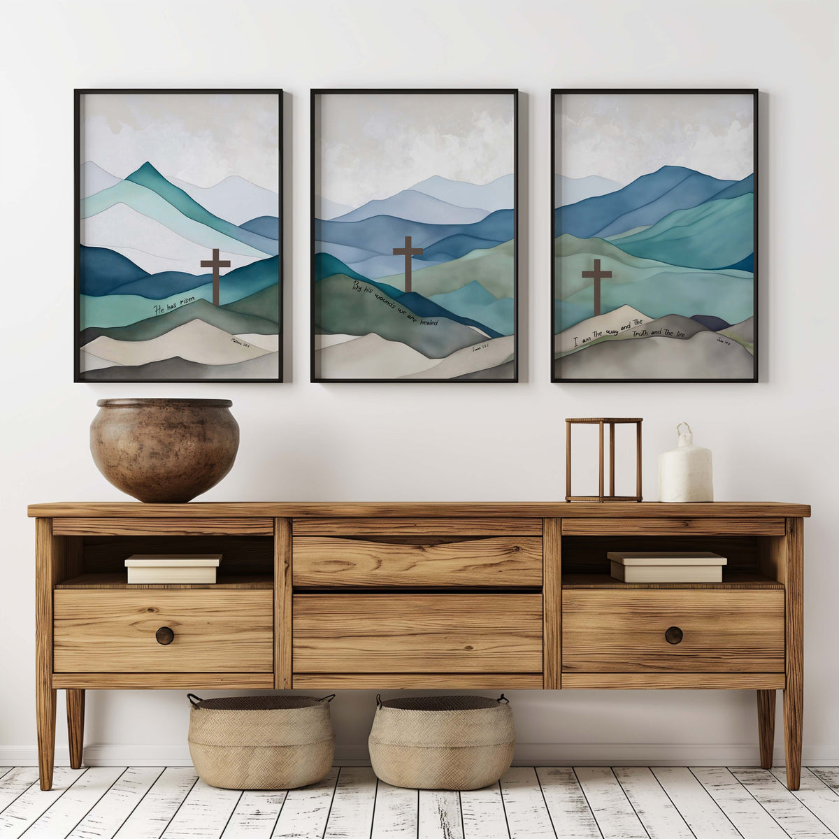 Matthew 28:6, Isaiah 53:5, John 14:6 – Bible verse wall art set of three featuring crosses and serene mountain landscapes.