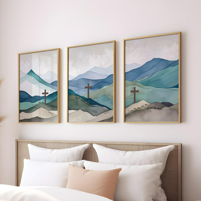 Matthew 28:6, Isaiah 53:5, John 14:6 – Christian wall art triptych with three crosses and blue green mountain scripture prints.