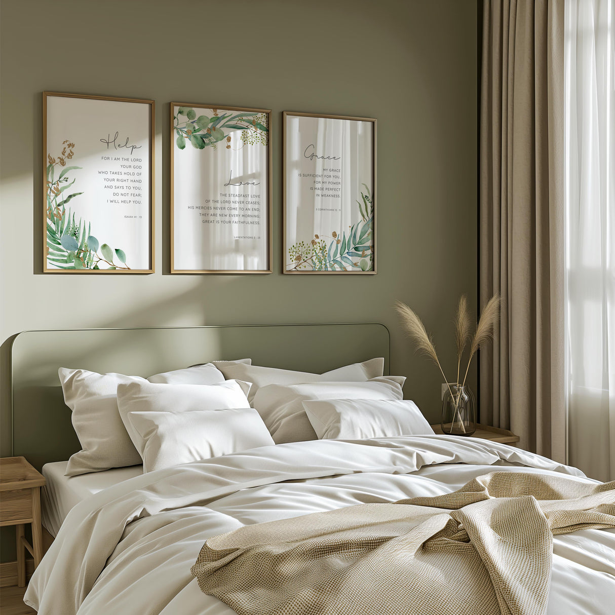 2 Corinthians 12:9 - Promises of God Christian wall art print with soft botanical illustration, my grace is sufficient scripture decor.