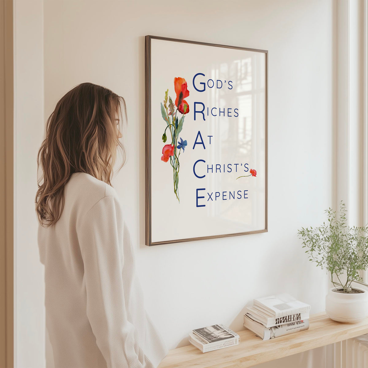 GRACE - Inspirational Christian wall art with floral design and meaningful faith message about God’s grace and love.