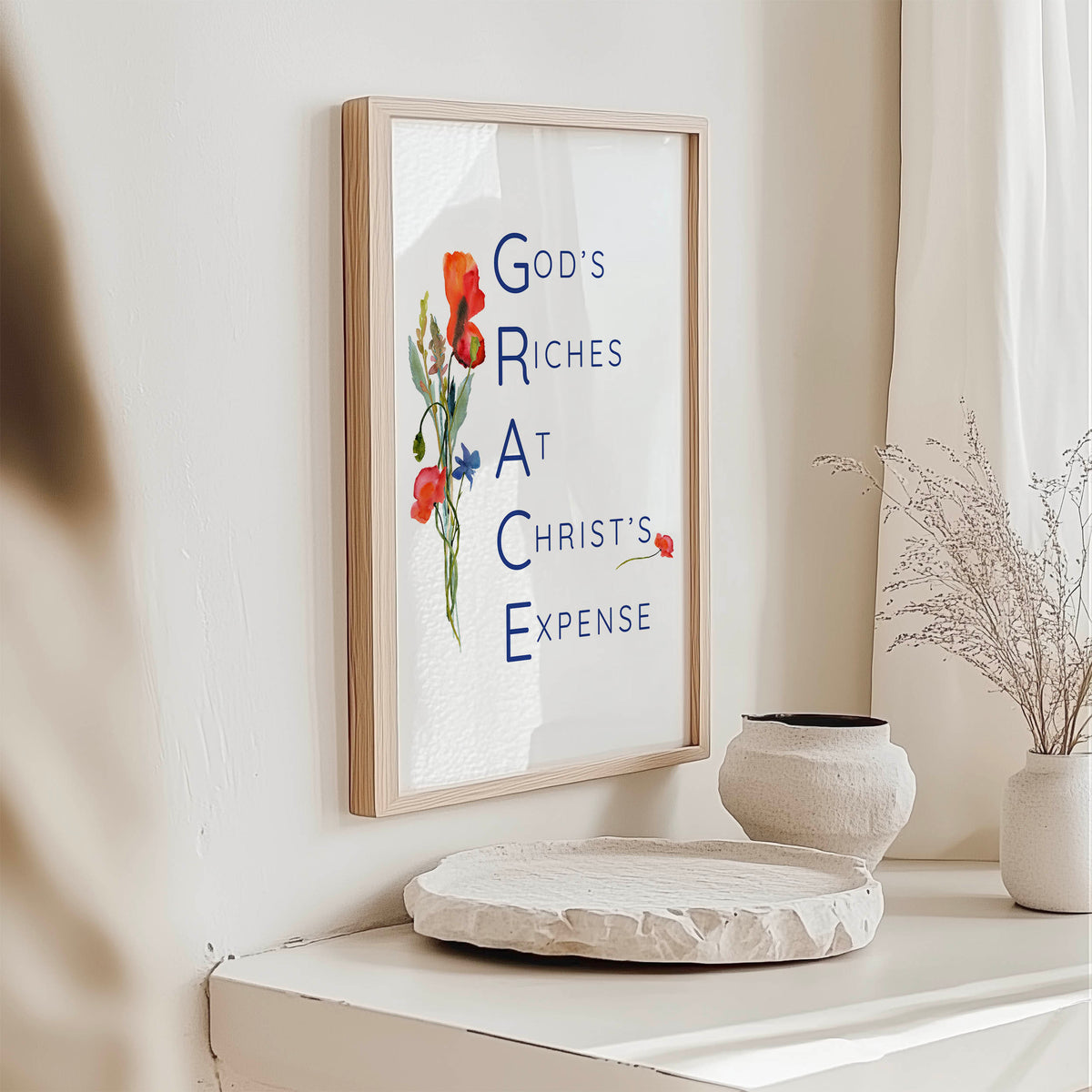 GRACE - Christian faith wall art print with colourful wildflowers and elegant typography celebrating God’s Riches At Christ’s Expense.