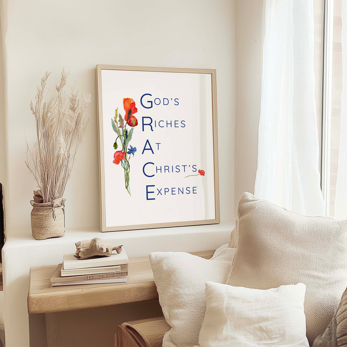 GRACE - Christian wall art print featuring wildflower bouquet and faith typography explaining God’s Riches At Christ’s Expense.