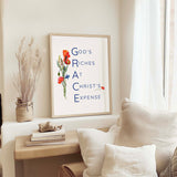 GRACE - Christian wall art print featuring wildflower bouquet and faith typography explaining God’s Riches At Christ’s Expense.