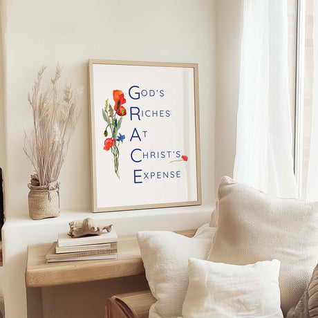 GRACE - Christian wall art print featuring wildflower bouquet and faith typography explaining God’s Riches At Christ’s Expense.
