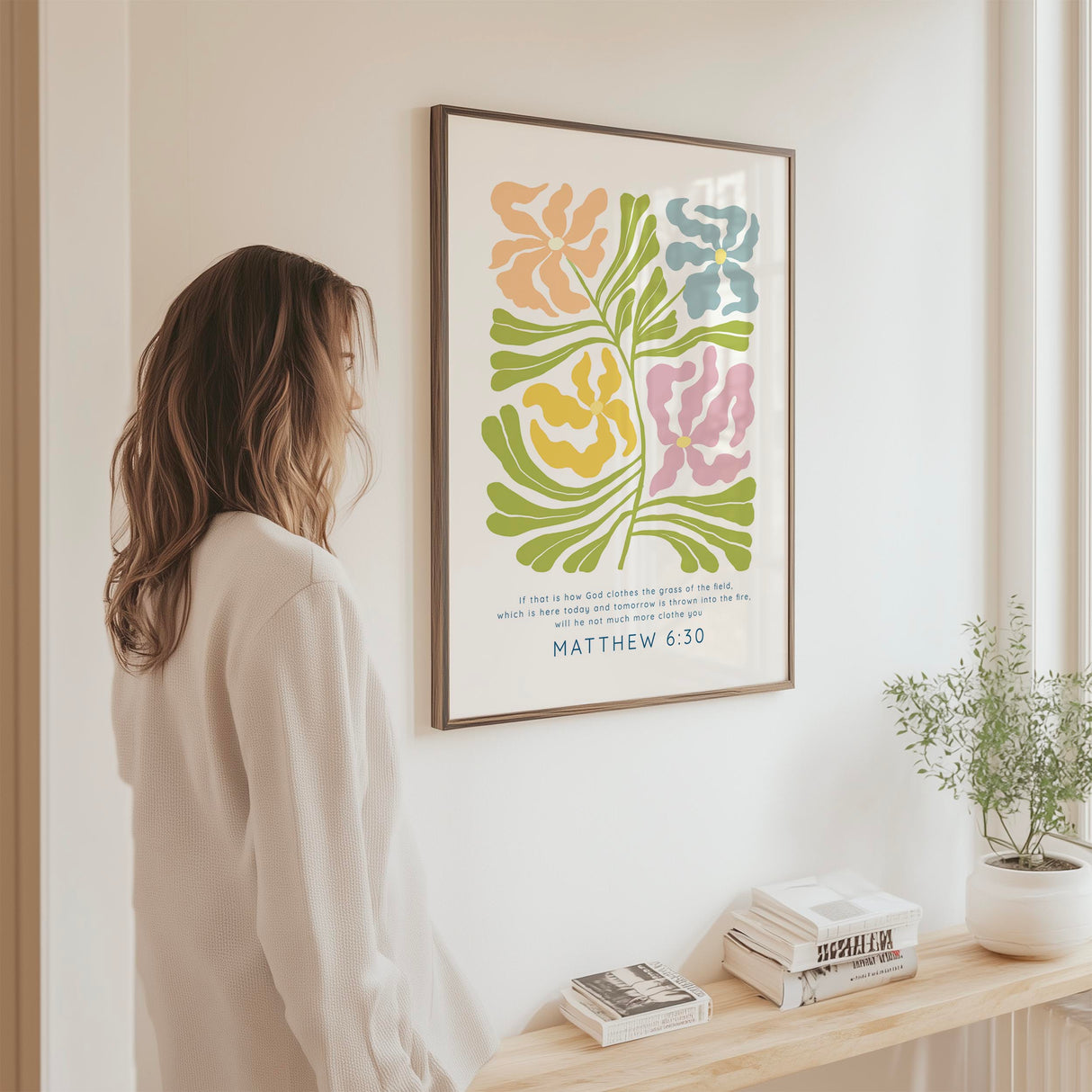 Matthew 6:30 - Grass of the field Bible verse print with colourful Matisse style flowers and faith filled Christian wall decor.