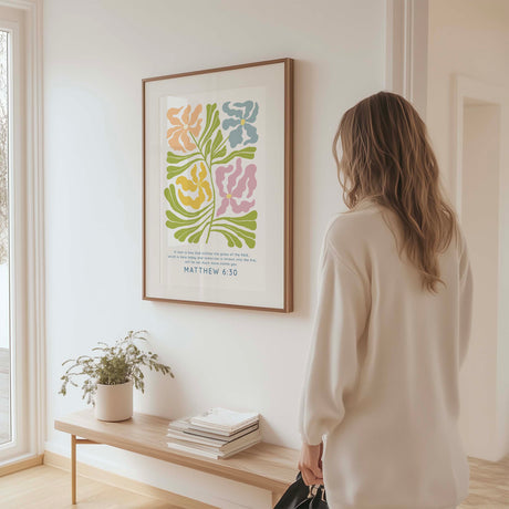 Matthew 6:30 - Grass of the field Christian wall art print with Matisse style floral design and comforting Bible verse decor.